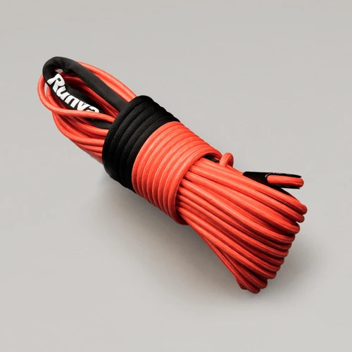 Armortech red synthetic winch rope, 10mm thick and 25m long, lying on a grey backdrop.